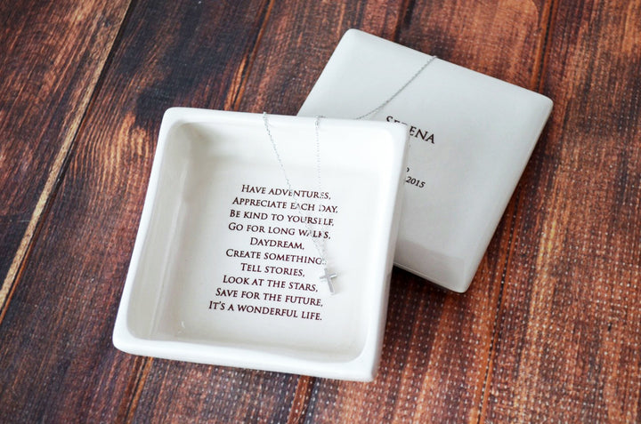 Baptism Gift,  Christening Gift, Confirmation Gift, First Communion Gift, Godchild Gift -Square Keepsake Box w/ Cross Necklace