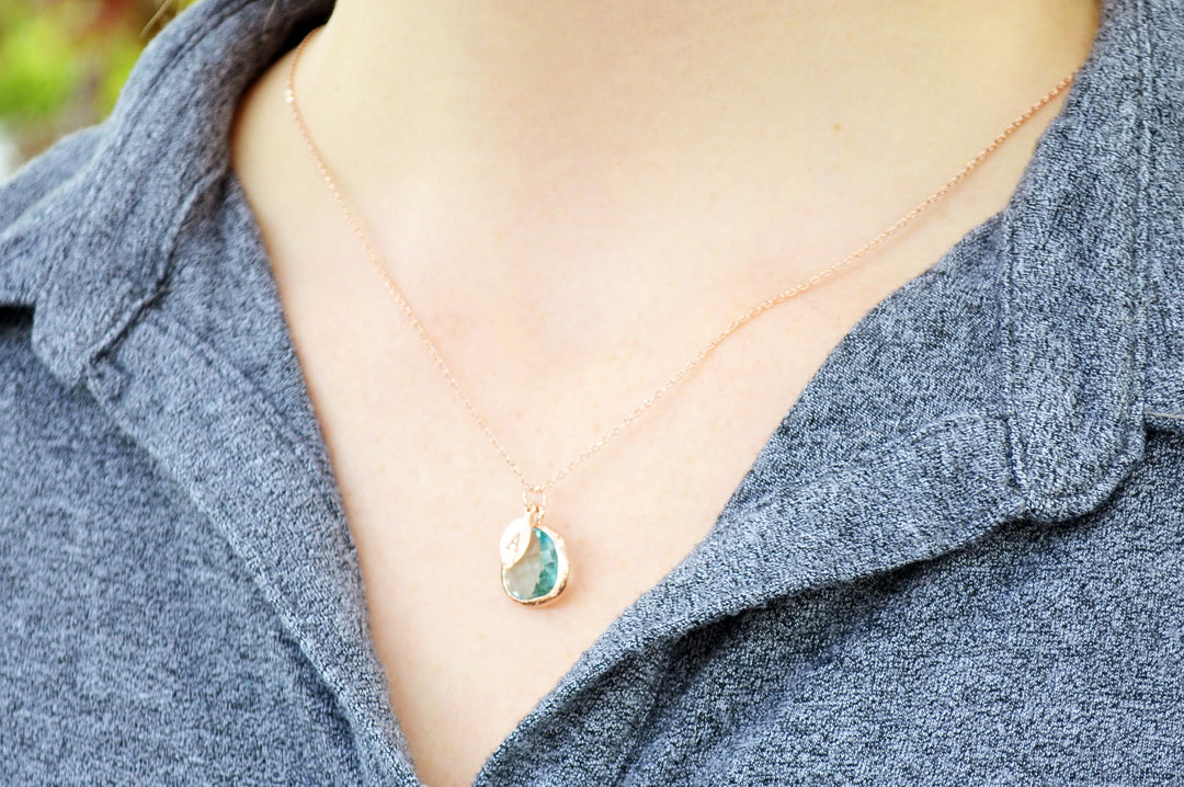 Aquamarine Necklace | March Birthstone | Custom Initial Leaf | Gold or Silver