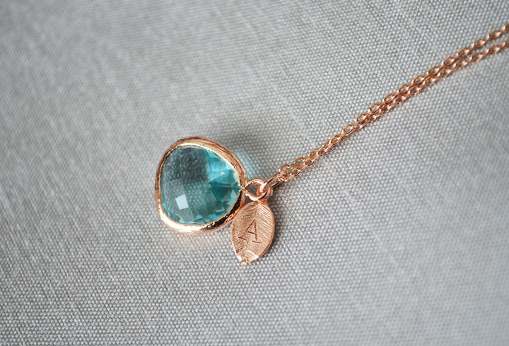 Aquamarine Necklace | March Birthstone | Custom Initial Leaf | Gold or Silver