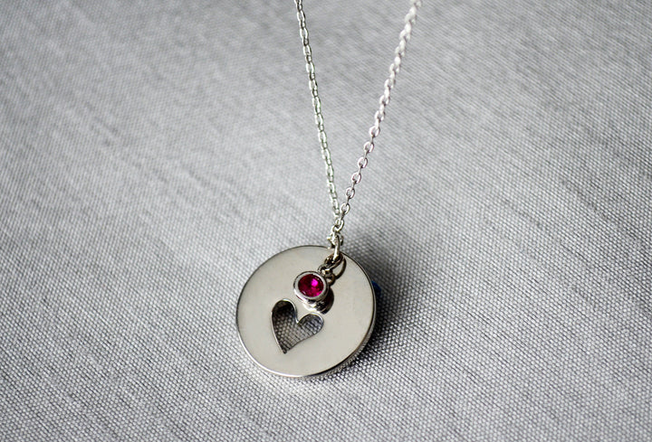 Personalized Heart Necklace, Birthstone Necklace - Silver With Birthstone