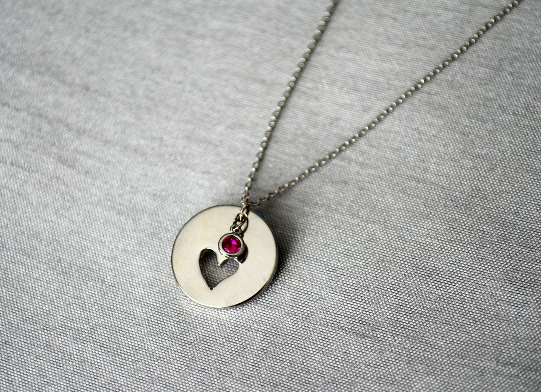 Personalized Heart Necklace, Birthstone Necklace - Silver With Birthstone