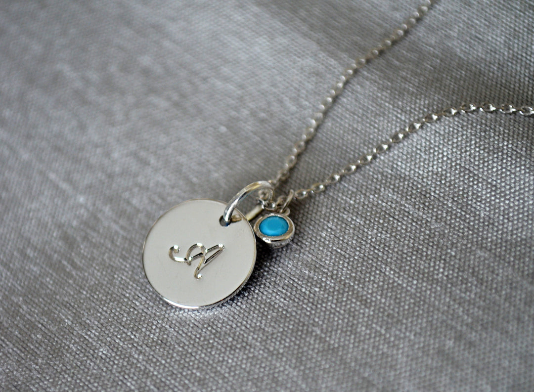 Silver Script Initial Letter Necklace with Birthstone