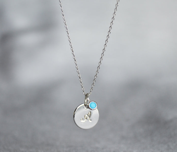 Silver Script Initial Letter Necklace with Birthstone