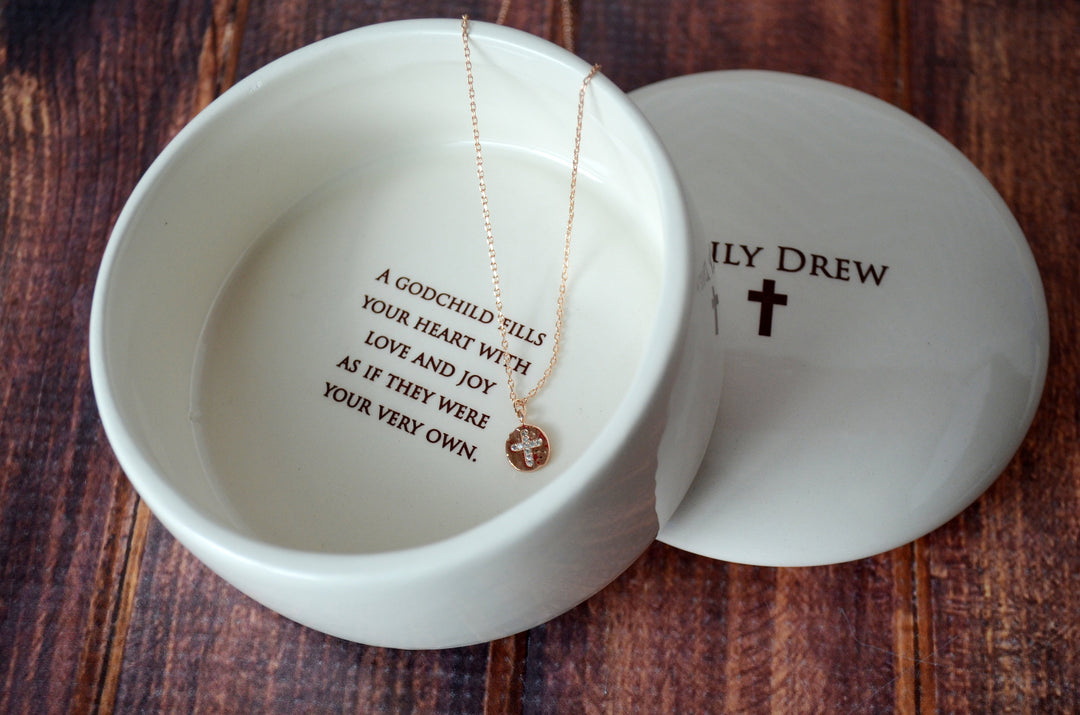 Godchild Gift with Necklace, Goddaughter Gift, Godchild Necklace, Goddaughter Necklace - Personalized - Round Keepsake Box