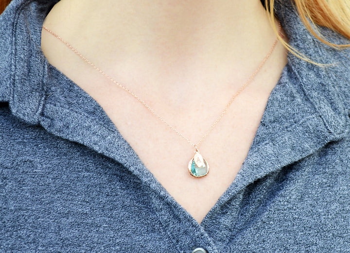 Aquamarine Necklace | March Birthstone | Custom Initial Leaf | Gold or Silver