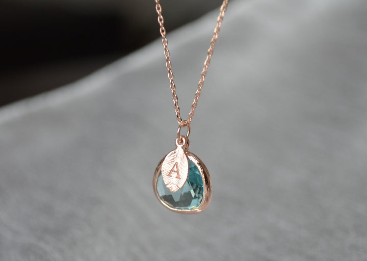 Aquamarine Necklace | March Birthstone | Custom Initial Leaf | Gold or Silver