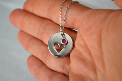 Personalized Heart Necklace, Birthstone Necklace - Silver With Birthstone