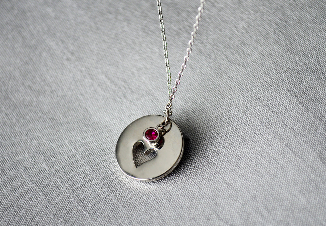 Personalized Heart Necklace, Birthstone Necklace - Silver With Birthstone