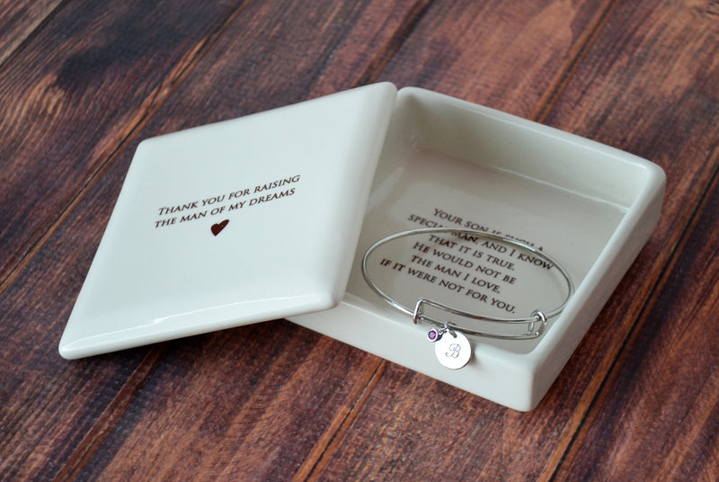 Mother of the Groom Gift - Square Keepsake Box with Personalized Silver Charm Bracelet - Add Custom Text -- Thank You For Raising the Man of My Dreams