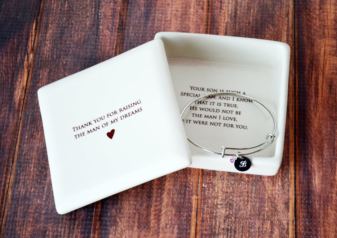 Mother of the Groom Gift - Square Keepsake Box with Personalized Silver Charm Bracelet - Add Custom Text -- Thank You For Raising the Man of My Dreams