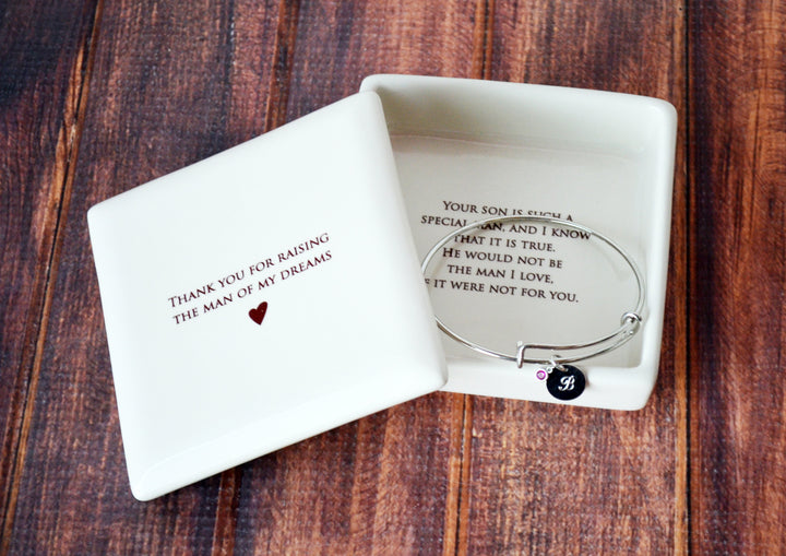 Mother of the Groom Gift - Square Keepsake Box with Personalized Silver Charm Bracelet - Add Custom Text -- Thank You For Raising the Man of My Dreams