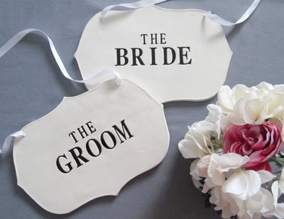 Large The Bride & The Groom Wedding Sign Set to Hang on Chair and Use as Photo Prop - Available in Gold, Silver, Black, & White