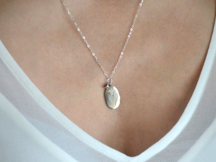 October Birth Flower Necklace, Calendula Birth Flower Necklace, Birthstone Stone Necklace, Mom Gift, Personalized Necklace, Push Present