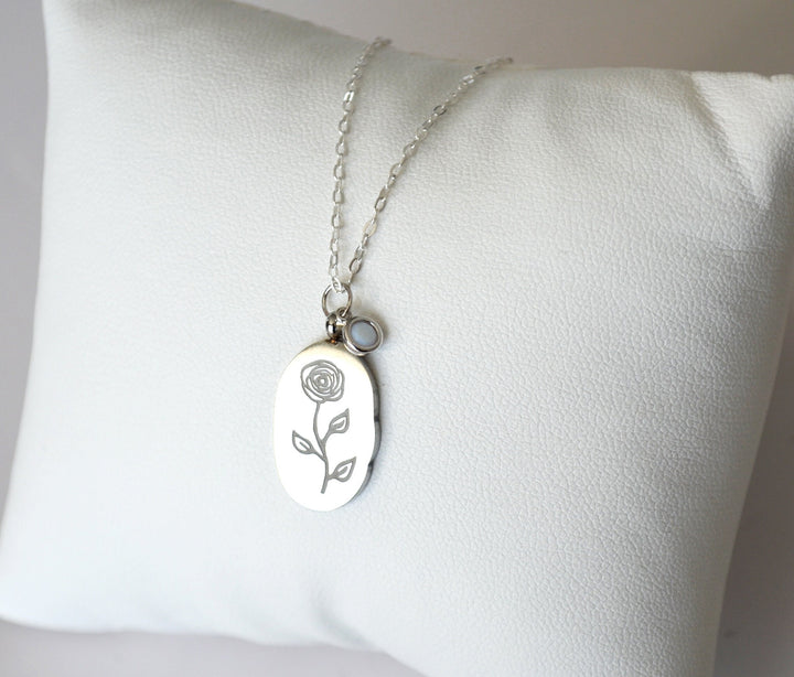 June Birth Flower Necklace, Rose Birth Flower Necklace, Birthstone Stone Necklace, Mom Gift, Personalized Necklace, Push Present