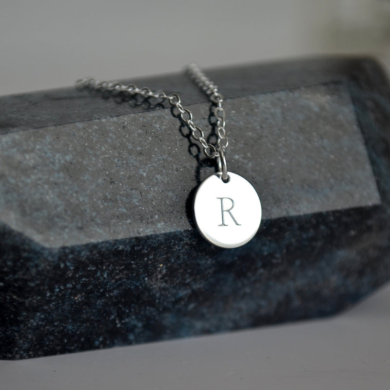 Initial Necklace, Small Letter Necklace, Personalized Disc Necklace  - 9mm Pendant