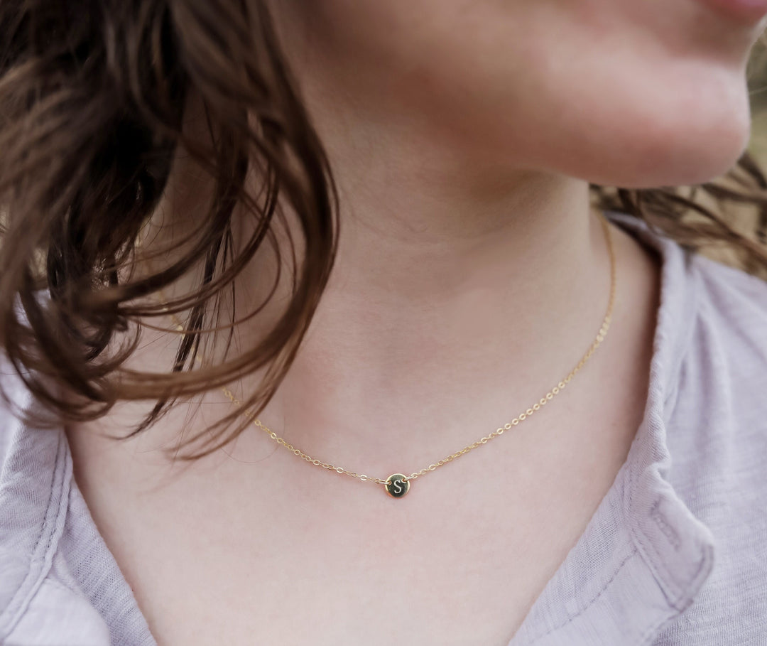 Tiny Letter Necklace, Initial Necklace - 9mm Pendant with 2 Top Holes