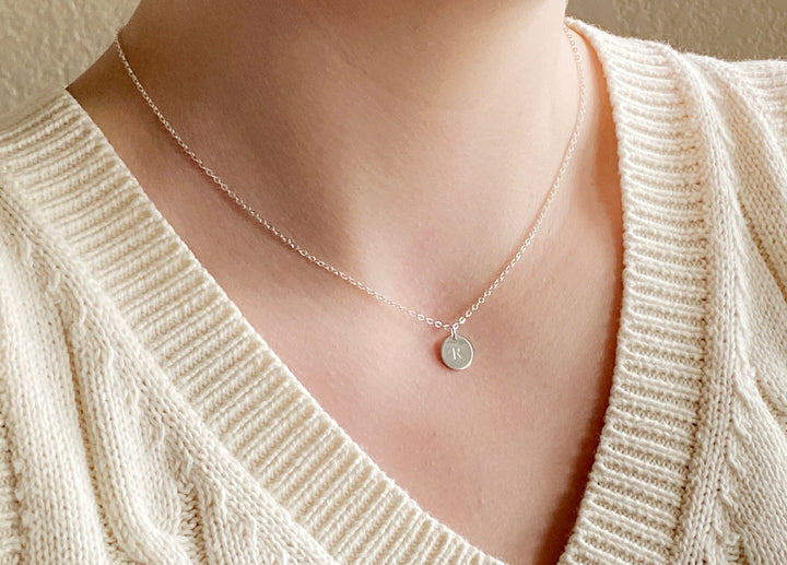 Initial Necklace, Small Letter Necklace, Personalized Disc Necklace  - 9mm Pendant