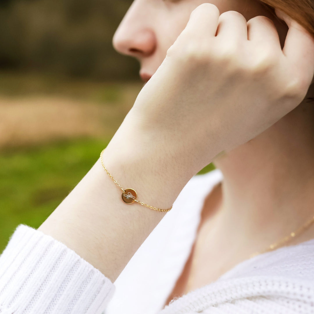 Personalized Disc Bracelet, Dainty Initial Bracelet - 9mm with 2 Side Holes