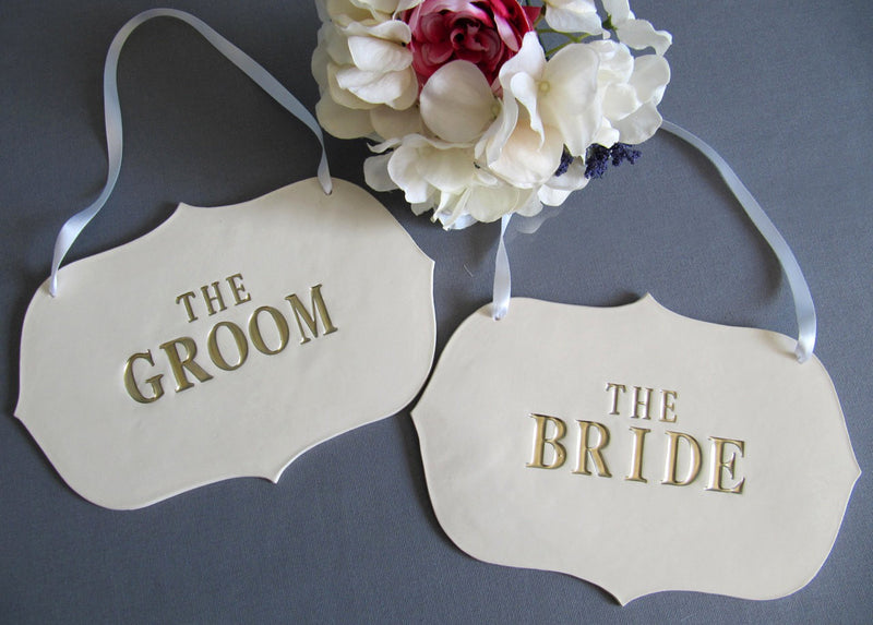 Large The Bride & The Groom Wedding Sign Set to Hang on Chair and Use as Photo Prop