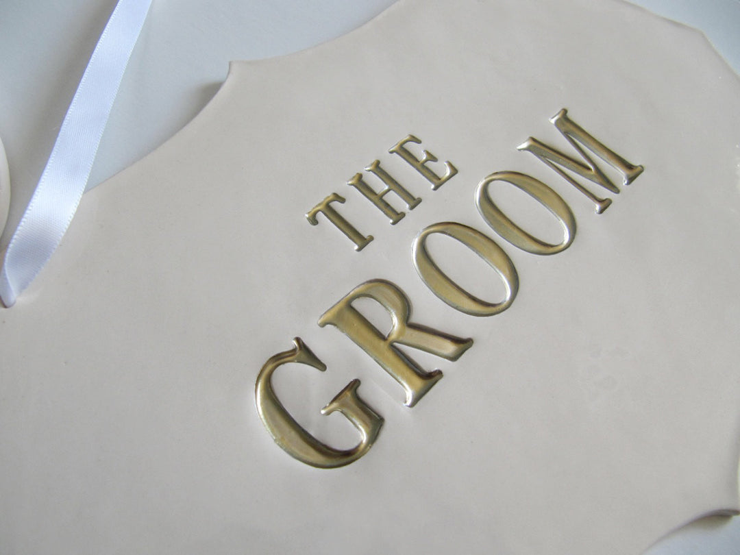 Large The Bride & The Groom Wedding Sign Set to Hang on Chair and Use as Photo Prop