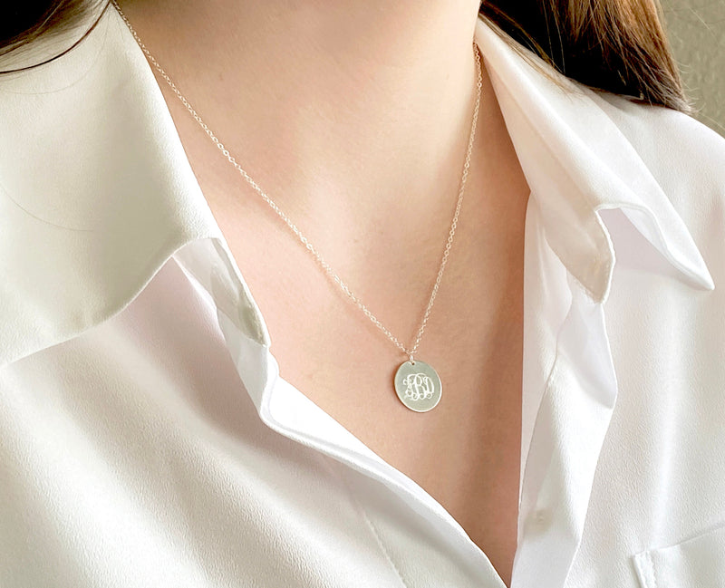 Monogrammed Necklace, Personalized Disc Necklace - 16mm Pendant Size