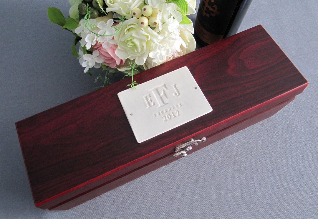 Wine Gifting Box w/ Tools - Personalized Ceramic Plaque - Rosewood Finish