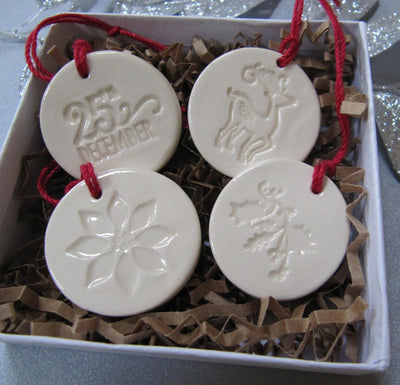 4 Miniature Round Christmas Ornaments or Holiday Gift Tags - READY TO SHIP