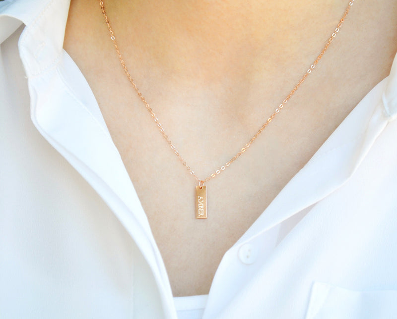 Personalized Tiny Name Tag Necklace, Small Vertical Bar Necklace, Personalized Gifts for Mom, Minimalist jewelry, Bridesmaid Gift