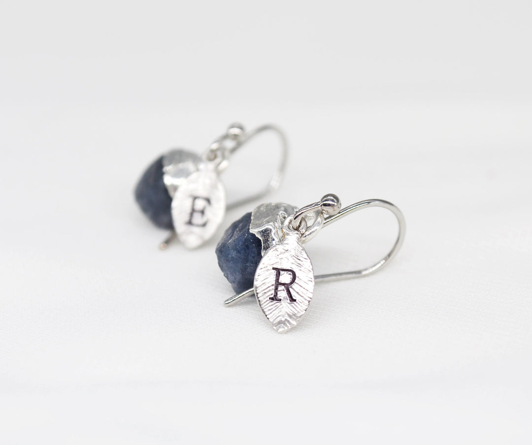 Raw Sapphire Earrings, September Birthstone Earrings, Bridesmaid earrings, September Birthday Gift, Natural Sapphire Jewelry Set