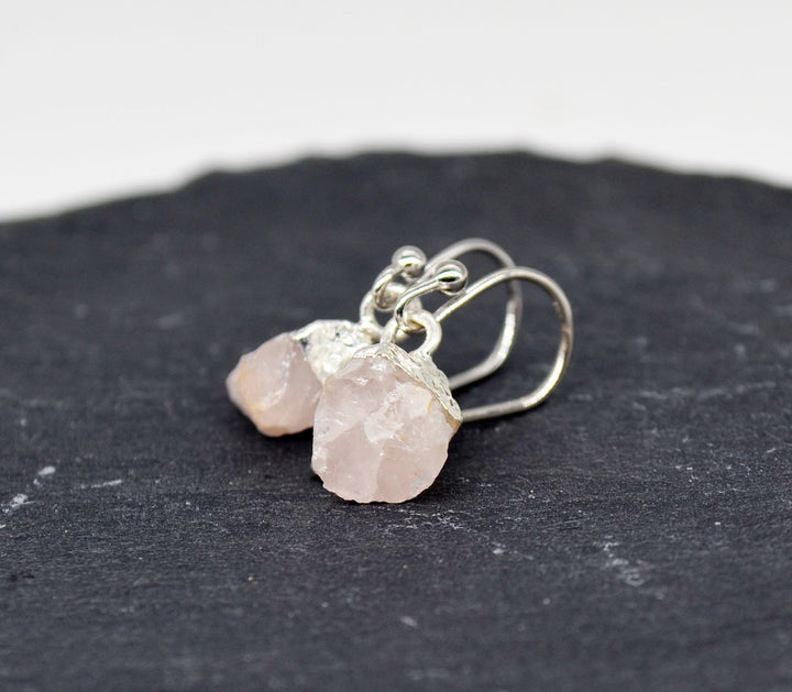 Raw Rose Quartz Earrings, October Birthstone Earrings, Bridesmaid earrings, October Birthday Gift, Natural Rose Quartz Jewelry Set