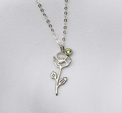 August Birth Flower Necklace, Poppy Birth Flower Necklace, Birthstone Stone Necklace, Mom Gift, Personalized Necklace, Bridesmaid Gift