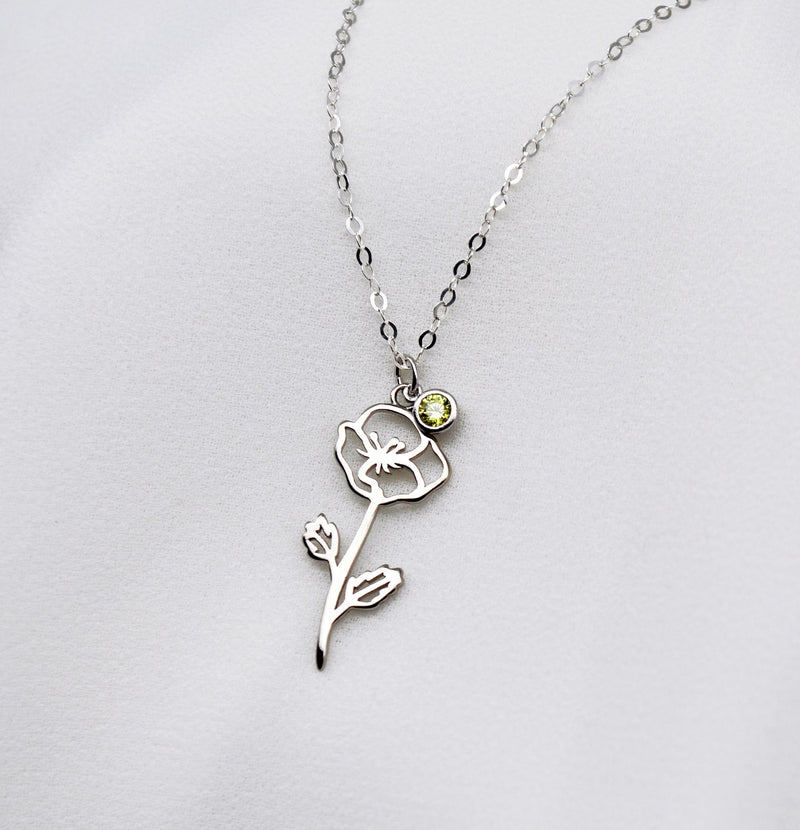 August Birth Flower Necklace, Poppy Birth Flower Necklace, Birthstone Stone Necklace, Mom Gift, Personalized Necklace, Bridesmaid Gift