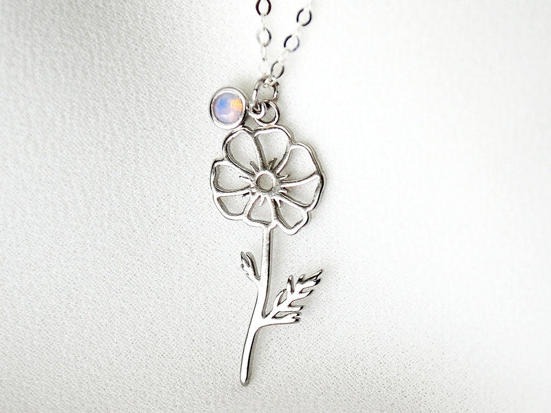 August Birth Flower Necklace, Poppy Birth Flower Necklace, Birthstone –  Susabella