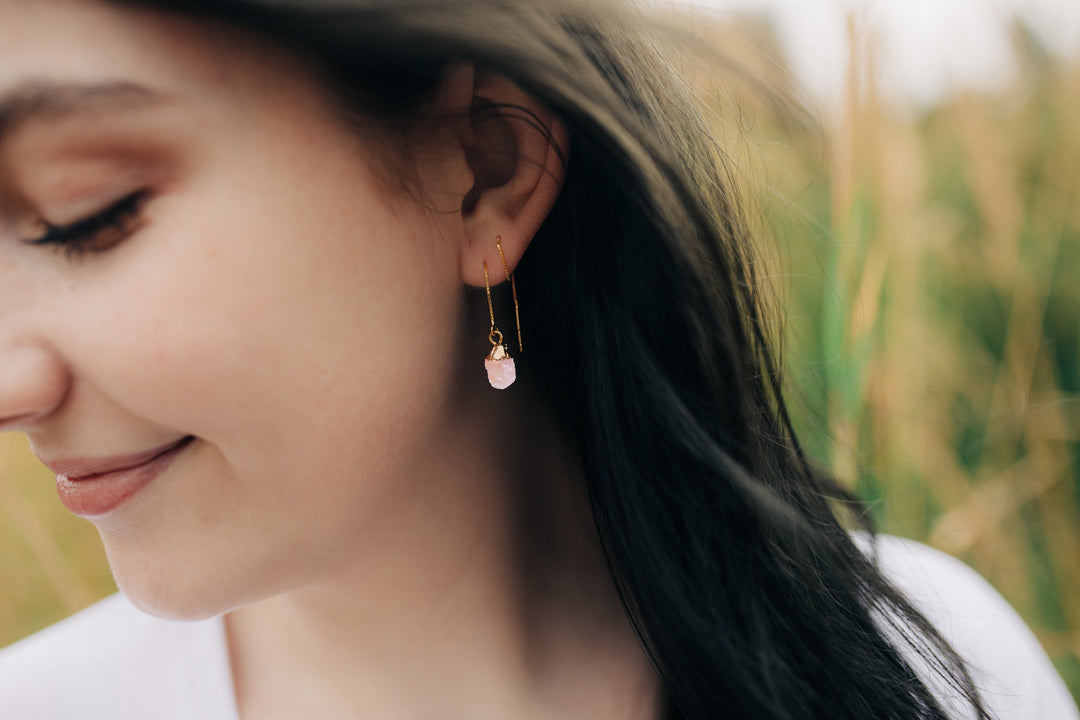 Raw Rose Quartz Threader Earrings, October Birthstone Earrings