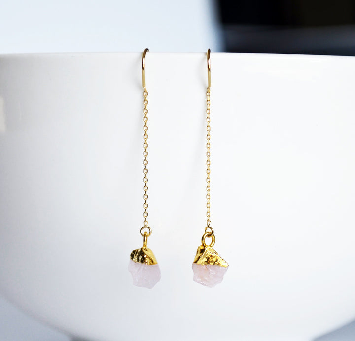 Raw Rose Quartz Threader Earrings, October Birthstone, October Birthday Gift