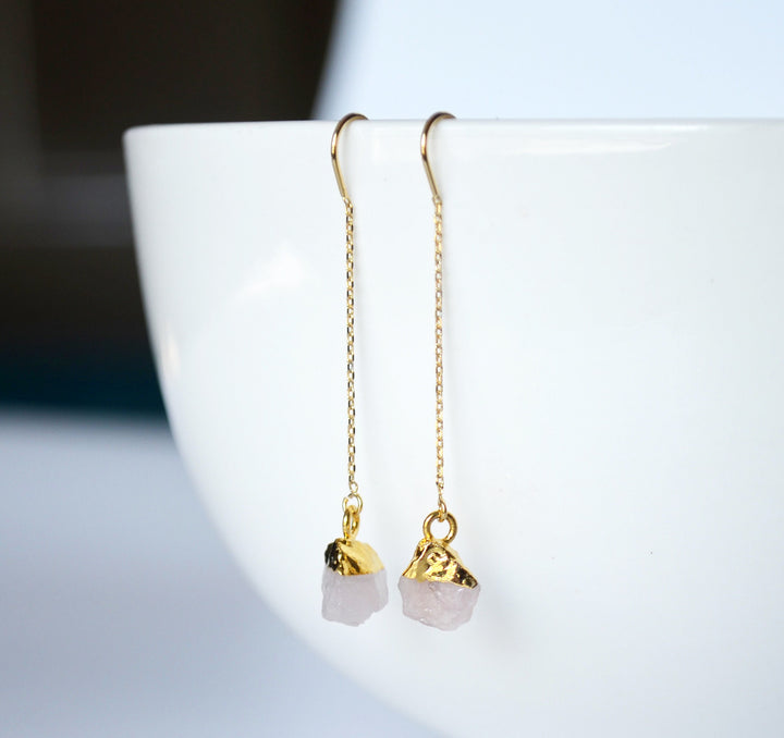 Raw Rose Quartz Threader Earrings, October Birthstone, October Birthday Gift