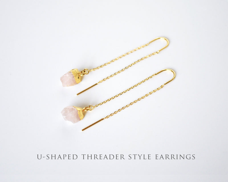 Raw Rose Quartz Threader Earrings, October Birthstone Earrings