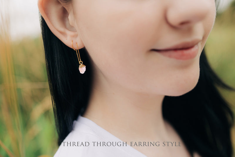 Raw Rose Quartz Threader Earrings, October Birthstone Earrings