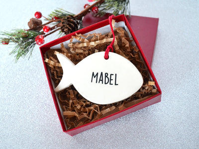 Personalized Cat Christmas Ornament, Fish Shaped Ornament
