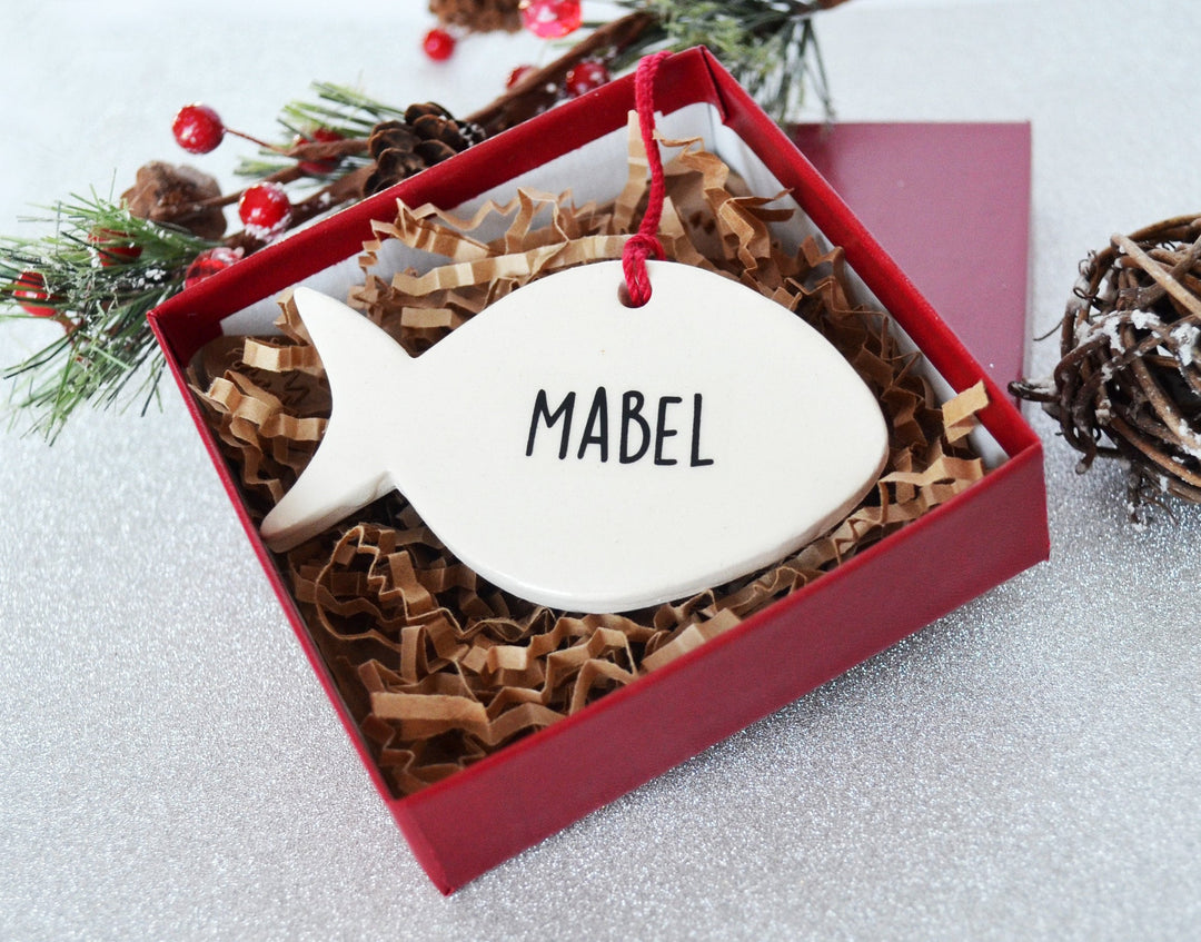 Personalized Cat Christmas Ornament, Fish Shaped Ornament