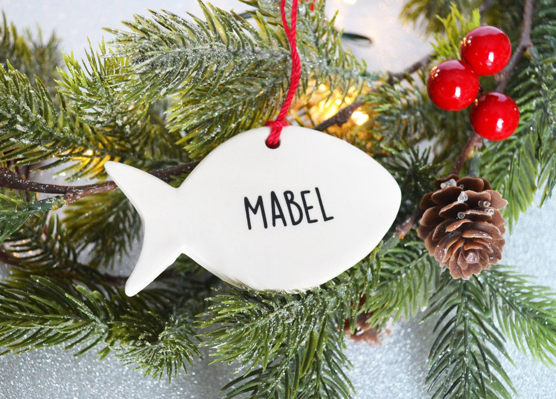 Personalized Cat Christmas Ornament, Fish Shaped Ornament