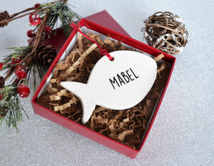 Personalized Cat Christmas Ornament, Fish Shaped Ornament