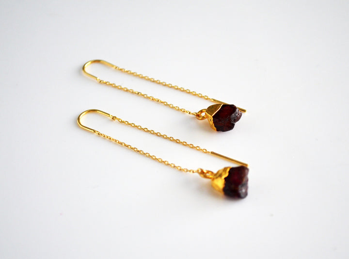 Raw Genuine Garnet Threader Earrings, Garnet Birthstone, January Birthday Gift