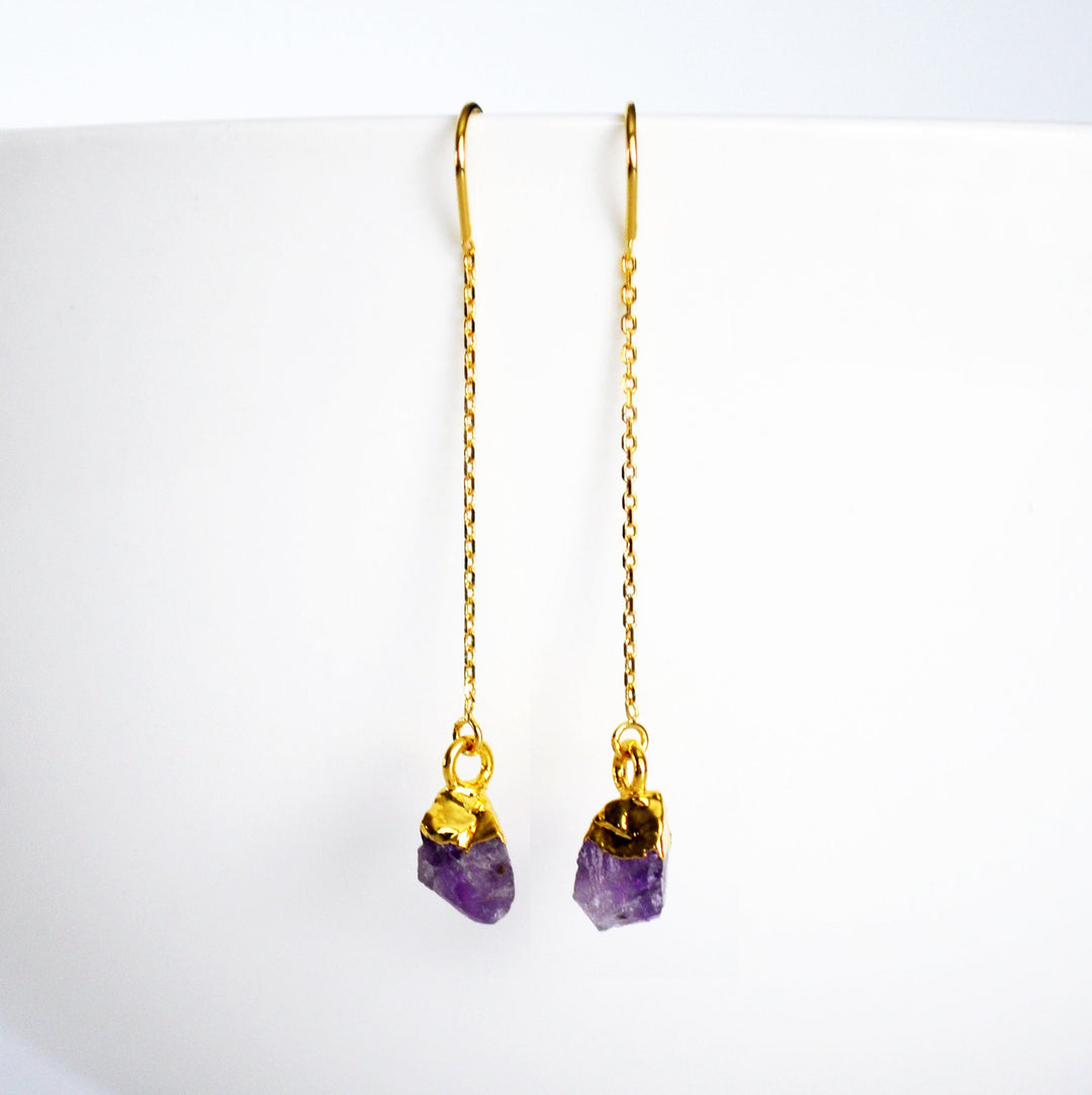 Raw Genuine Amethyst Threader Earrings, Amethyst Birthstone, February Birthday Gift