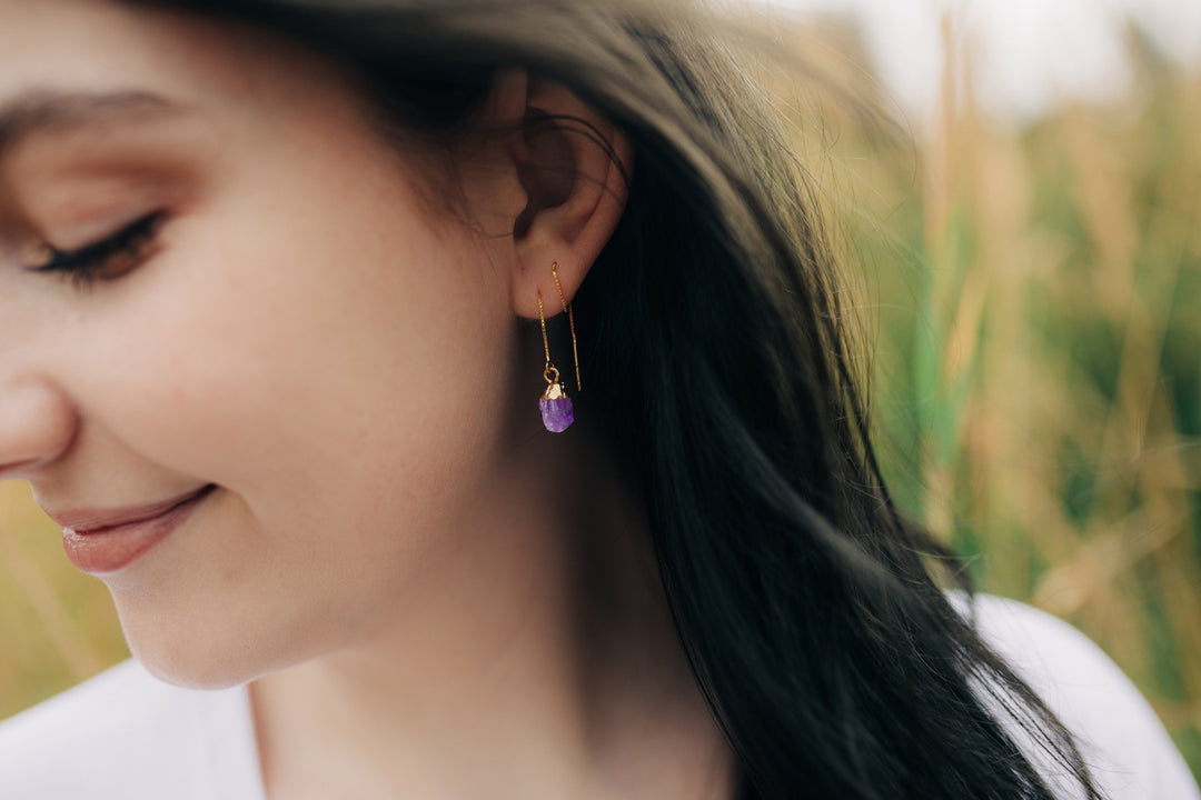 Raw Genuine Amethyst Threader Earrings, Amethyst Birthstone, February Birthday Gift