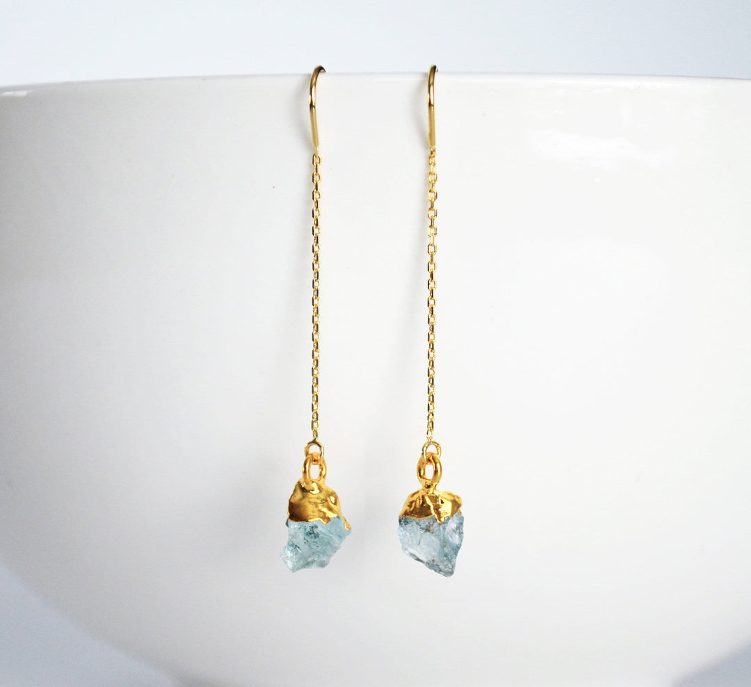 Raw Aquamarine Threader Earrings, Aquamarine Birthstone , March Birthday Gift