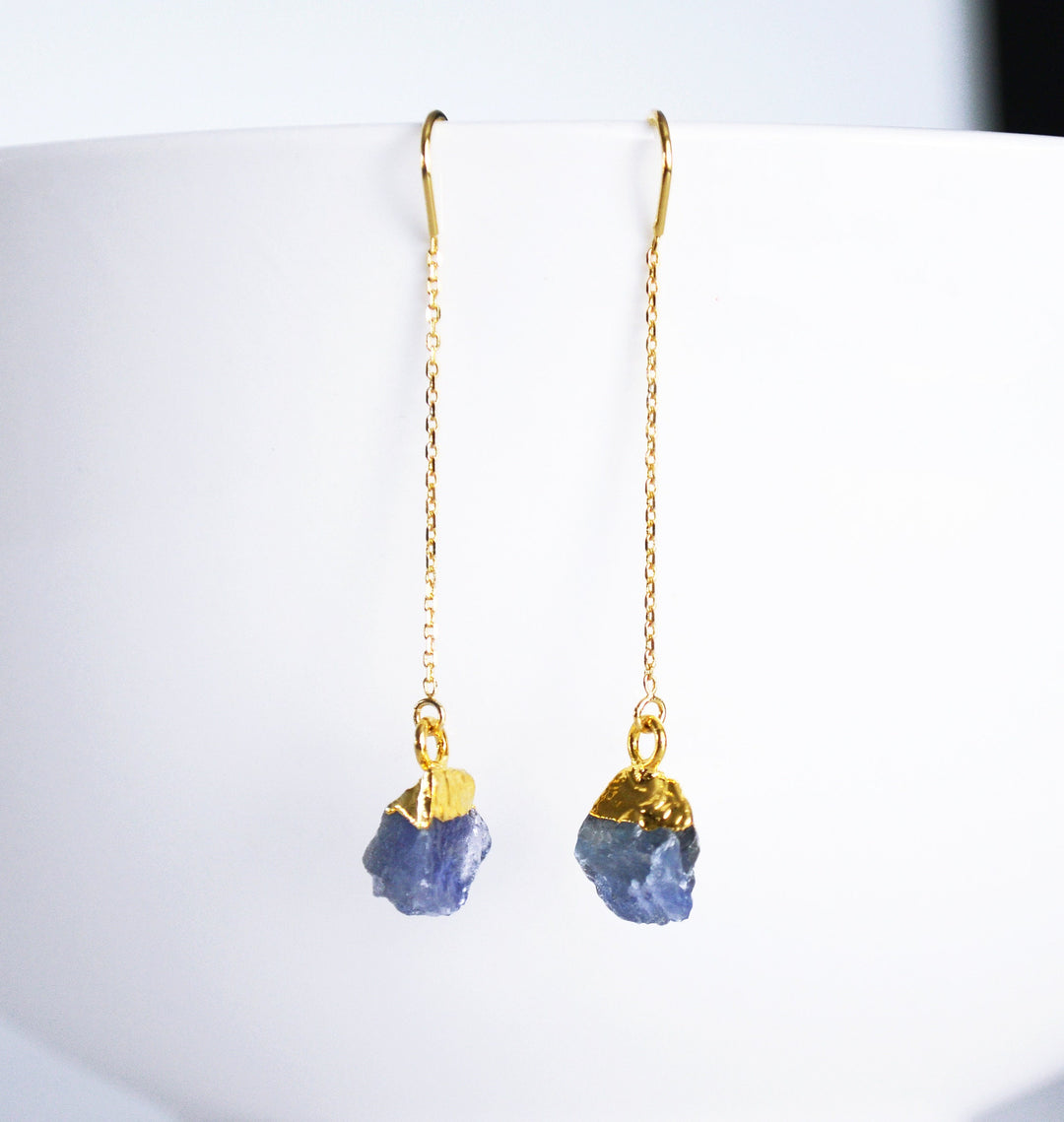 Raw Tanzanite Threader Earrings, Tanzanite Birthstone, December Birthday Gift