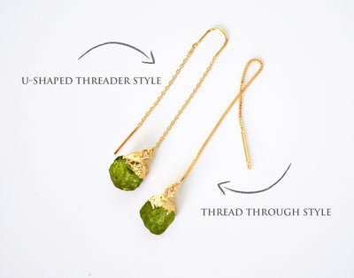 Raw Peridot Threader Earrings, Peridot Birthstone, August Birthday Gift