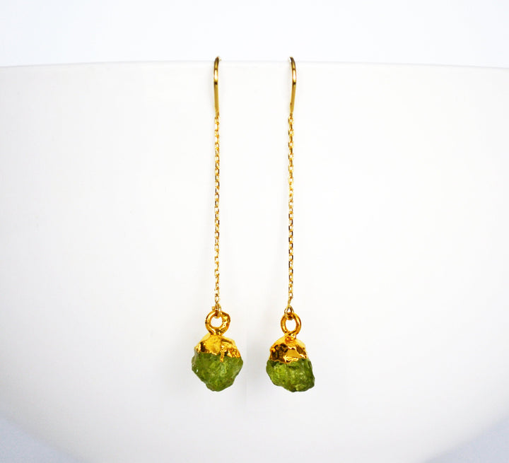 Raw Peridot Threader Earrings, Peridot Birthstone, August Birthday Gift