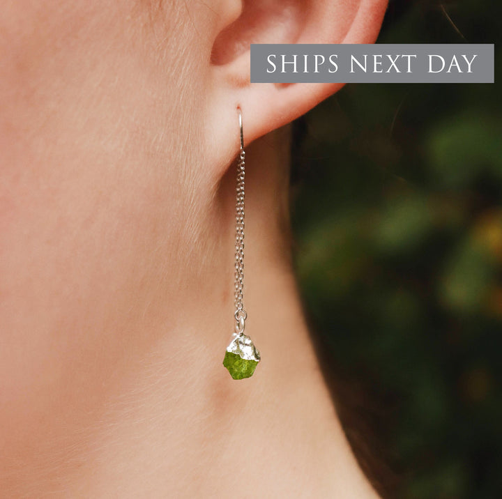 Raw Peridot Threader Earrings, Peridot Birthstone, August Birthday Gift